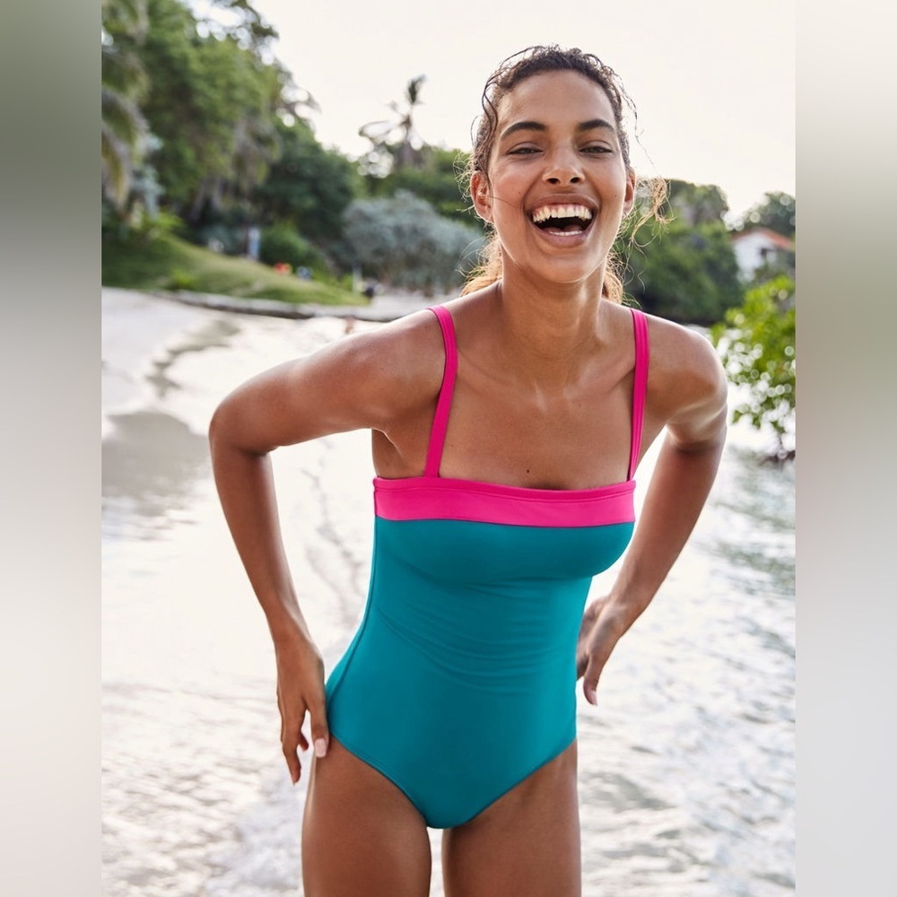 BODEN teal blue pink Salerno Bandeau one piece Swimsuit size 12 - Picture 4 of 8